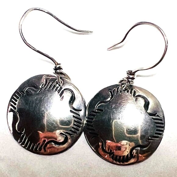 Vtg 925 Silver Dangle Drop Earrings Engraved Southwest Design by J O Randhal - Picture 3 of 5